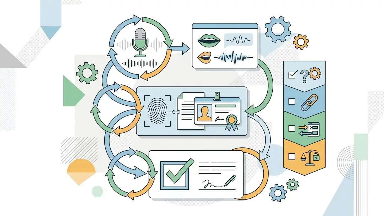 Circular workflow connecting microphone input, identity verification documents, and signed approval forms