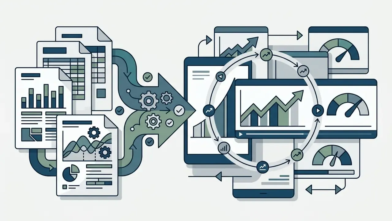 Data documents flowing through gears into a circular process of video charts and performance gauges