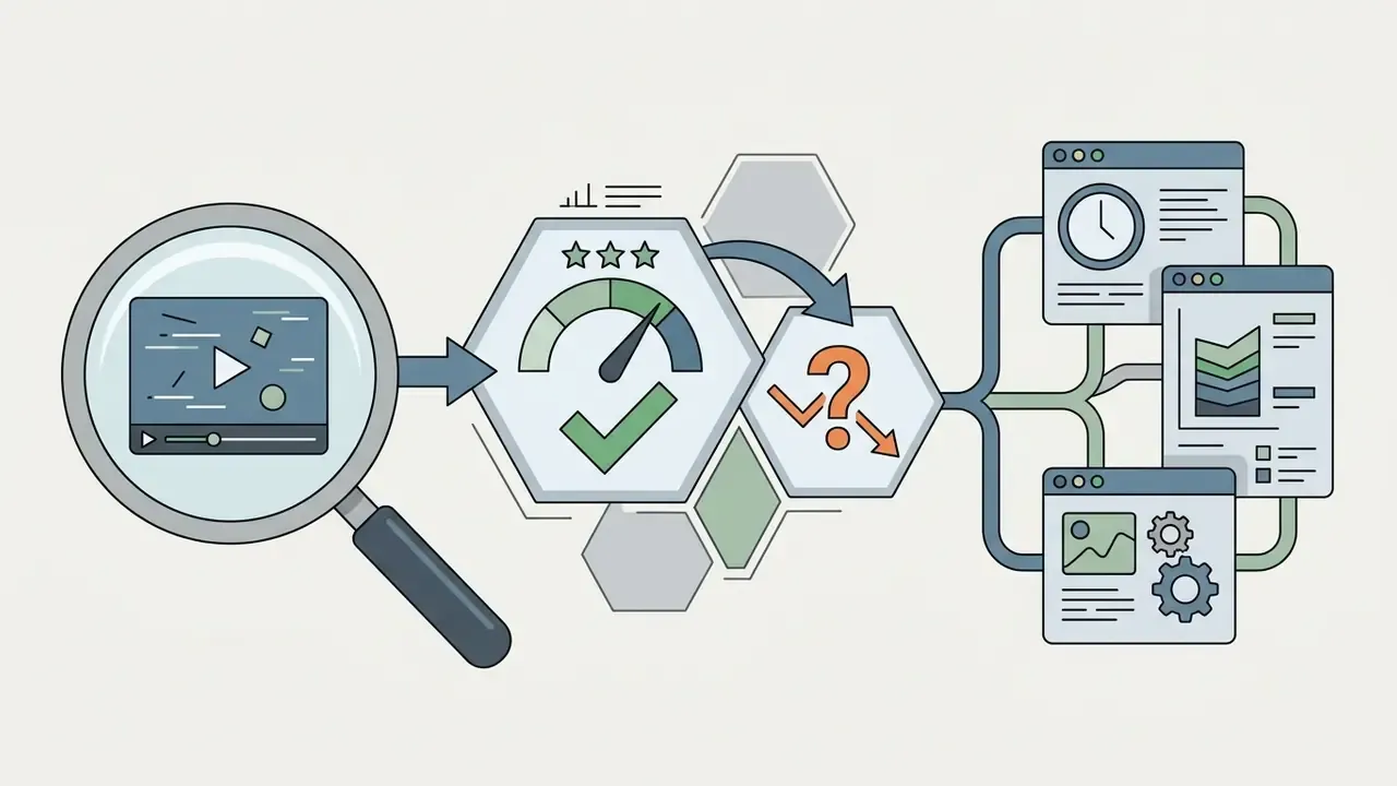 Magnifying glass inspecting a video file that feeds into accuracy gauges and data reports