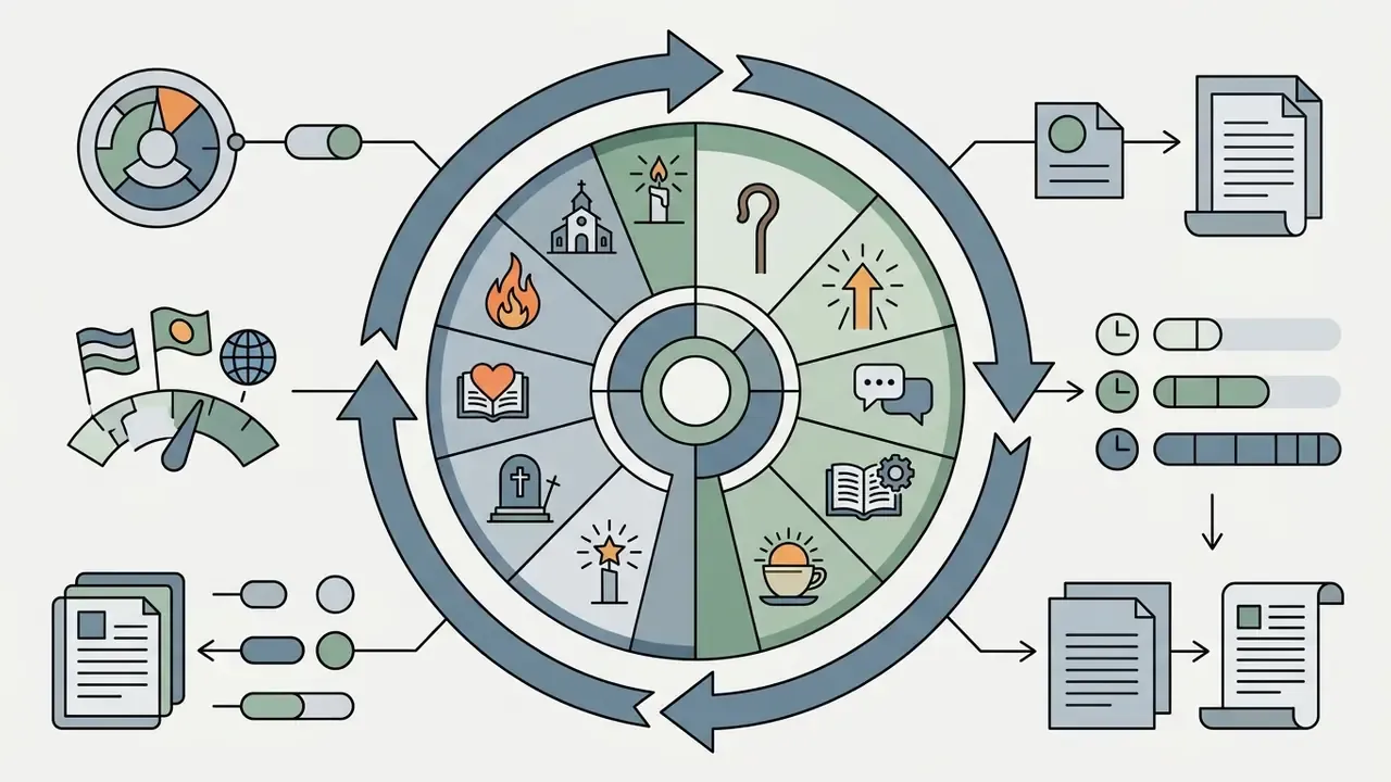 Circular wheel of ministry icons surrounded by processing gauges and document output templates