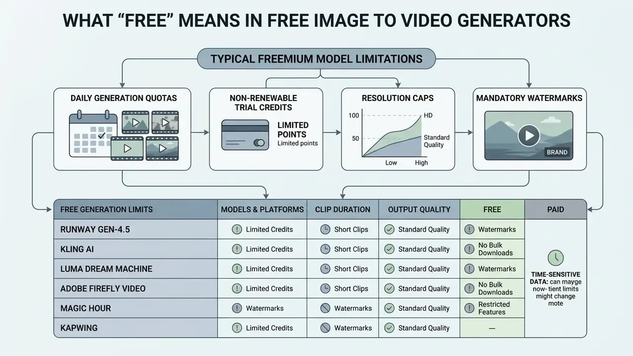 Comparison table and flowchart detailing freemium limitations for various AI video generation platforms