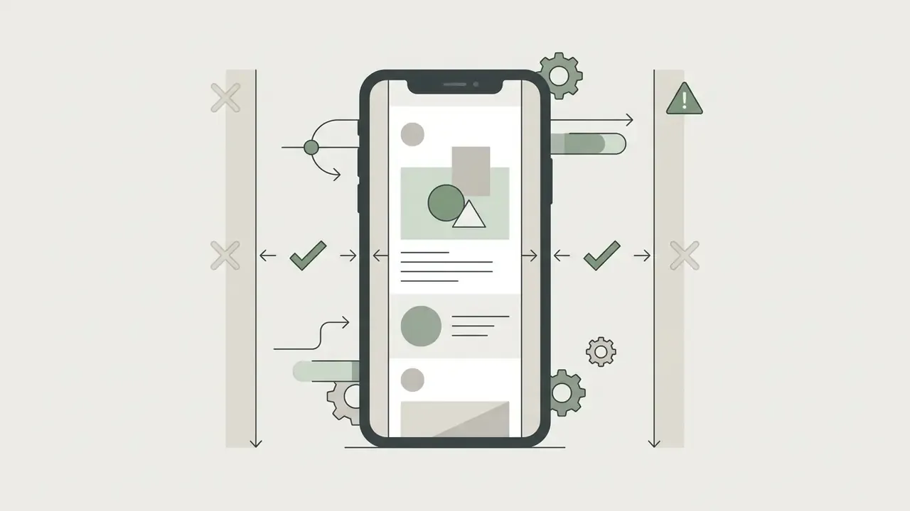 Smartphone display showing content margins with checkmarks and gear icons indicating safe zones