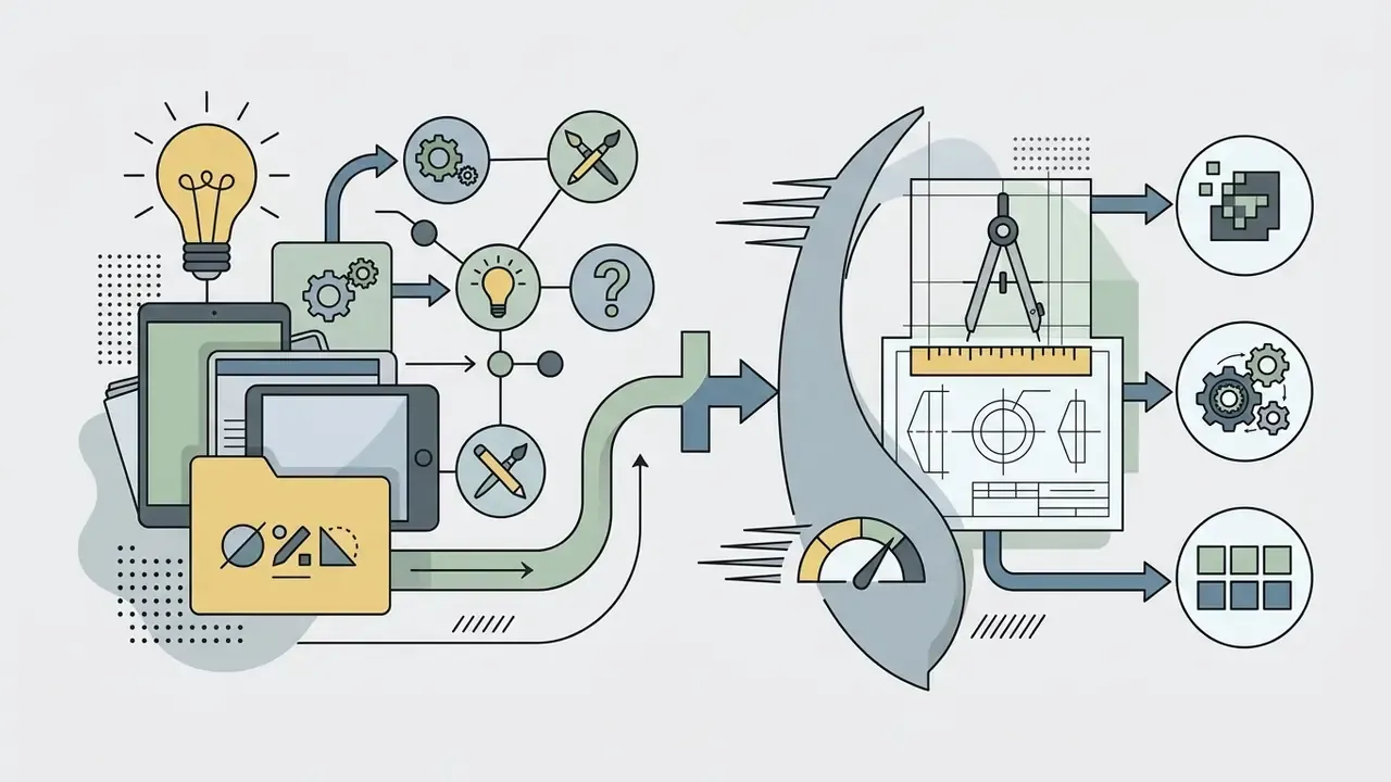 Conceptual ideation icons and digital devices transitioning into technical drafting and design tools