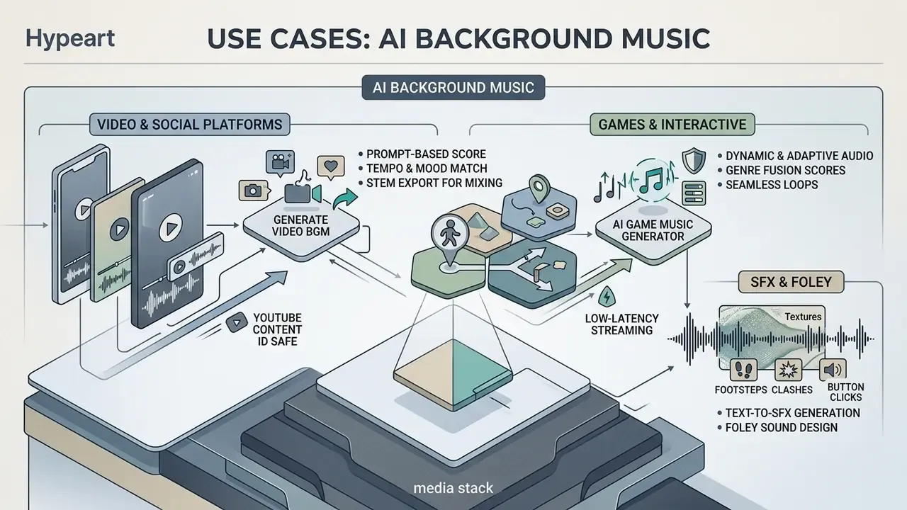 Diagram showing audio generation applications for video, interactive games, and sound effects