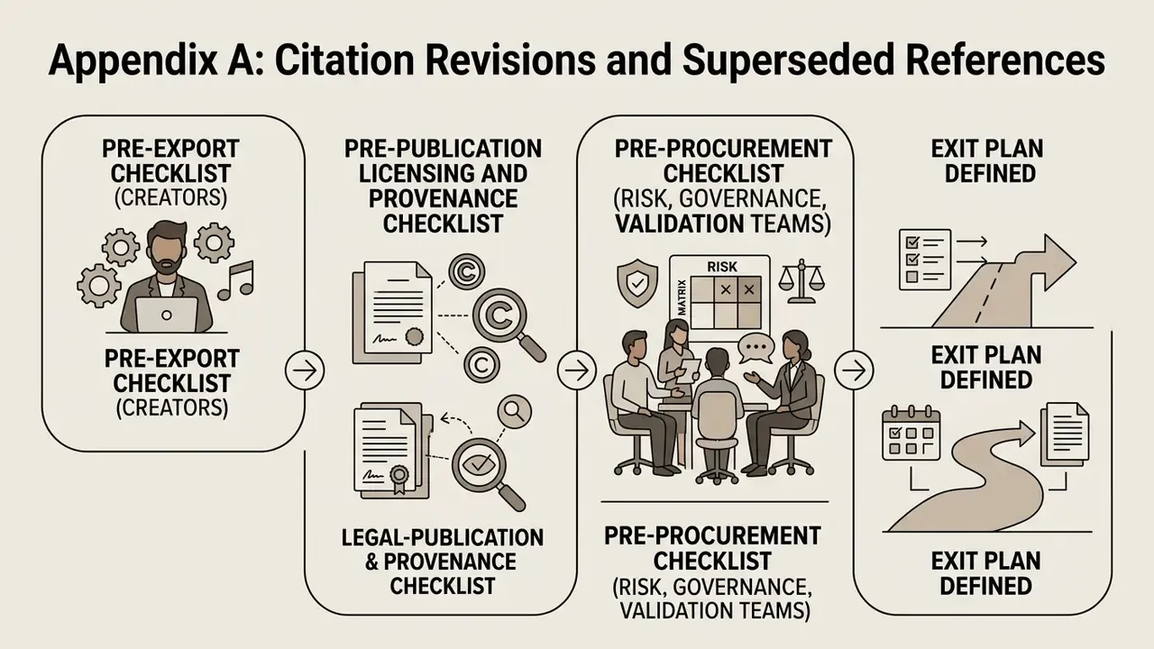 Sequence of checklists for creators, licensing, procurement teams, and exit plan documentation