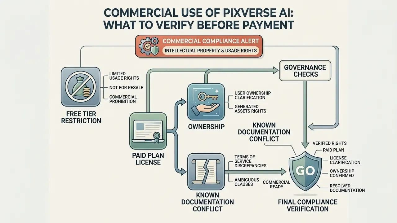 Summary of Pixverse AI commercial compliance steps covering free tier restrictions and ownership rights