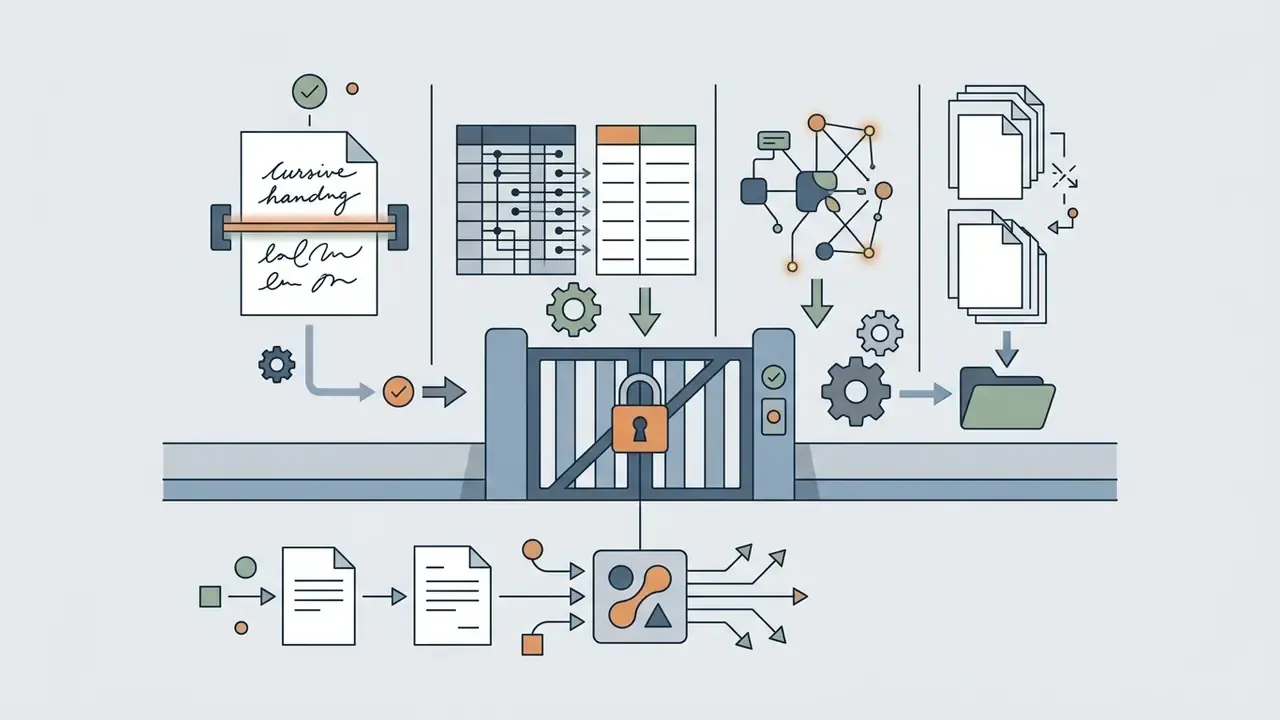 Handwriting, table parsing, and data nodes funneling into a locked gate before digital output processing