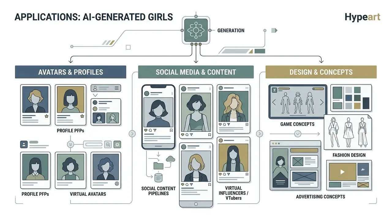 Infographic mapping diverse use cases for synthetic characters across social media and design projects