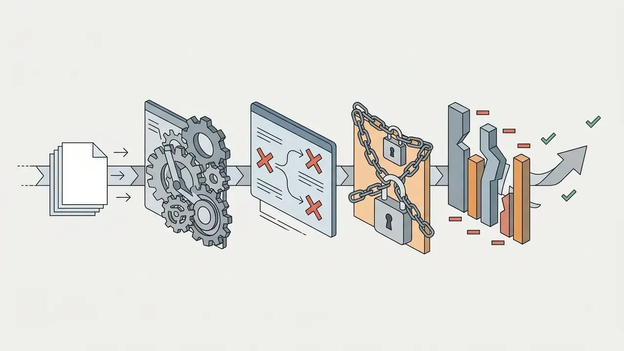 Process flow showing documents moving through gears, conflict markers, and locked barriers toward success
