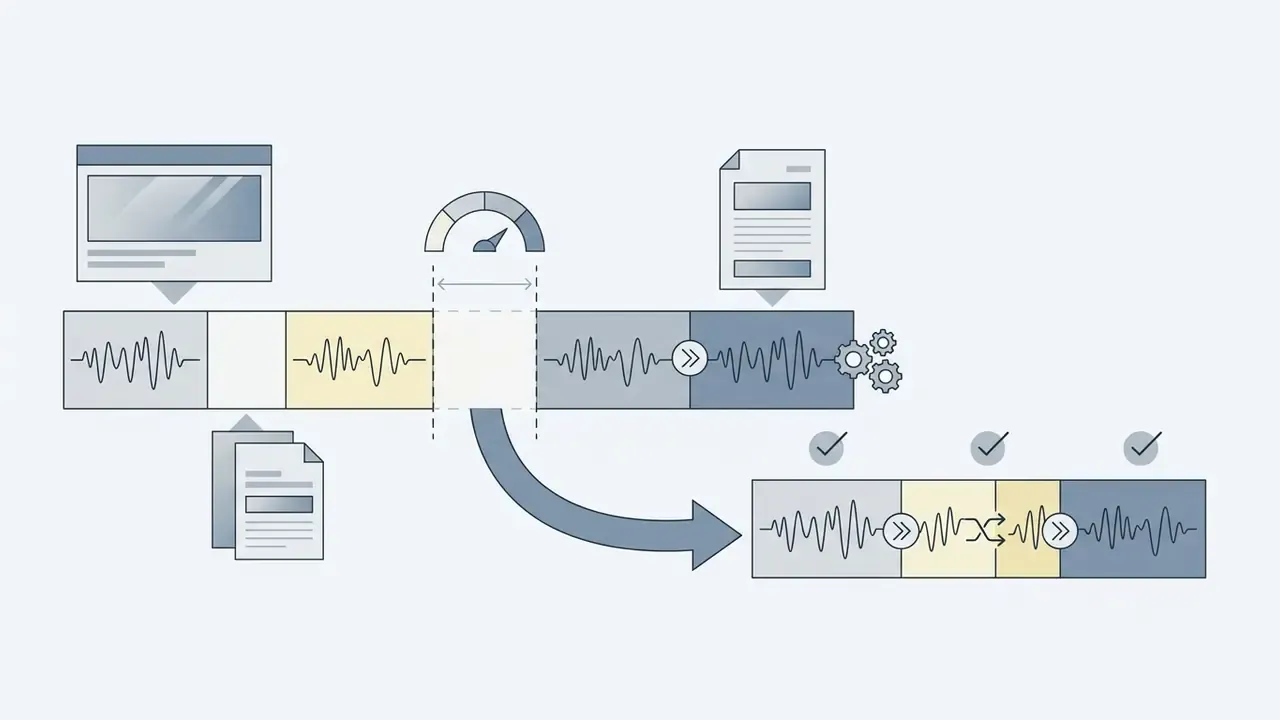 Waveform segments being trimmed and joined to remove silence and improve conversational pacing