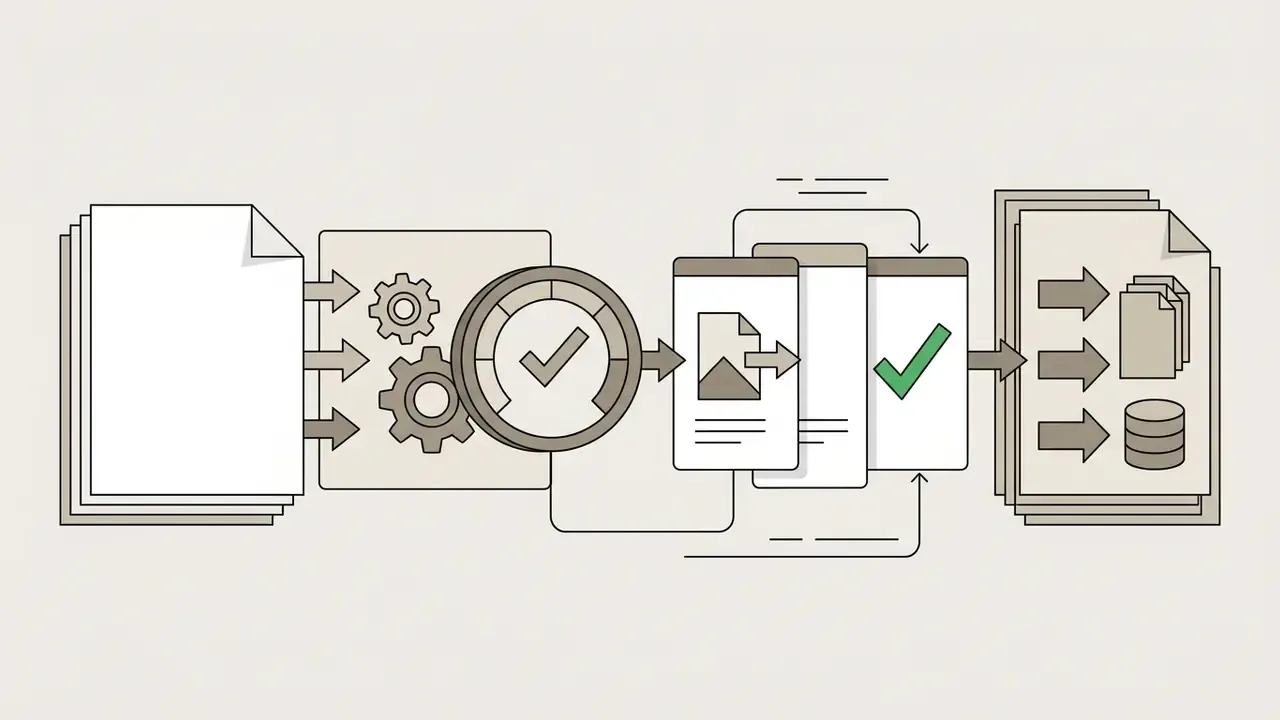 Document files moving through a gear processing hub and sign-off panels into final output storage