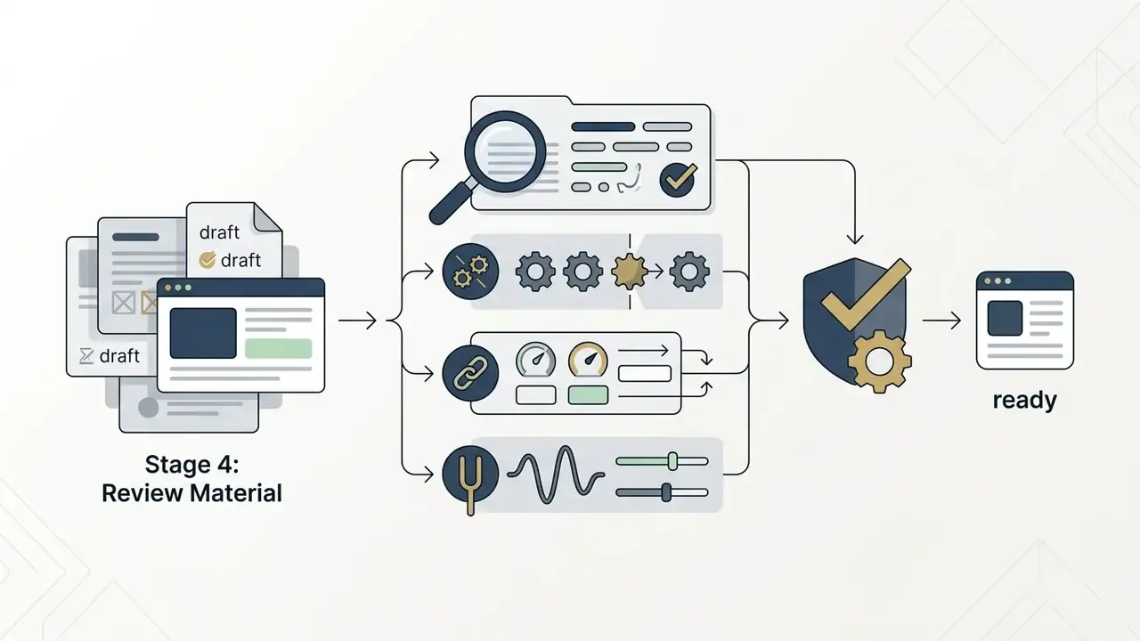 Draft content undergoing manual review through inspection, technical adjustment, and tone calibration
