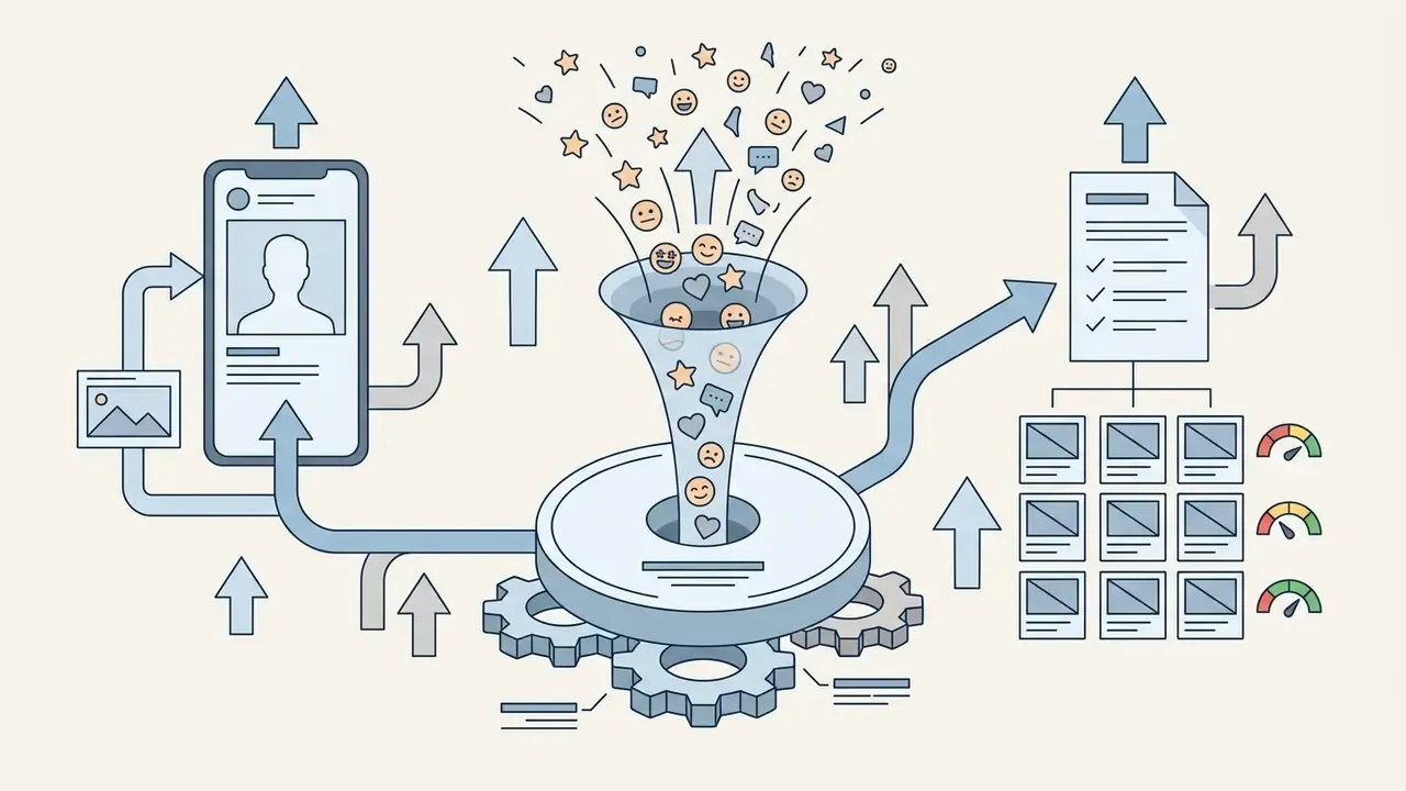 Social media content and emojis flowing through a funnel into a gear mechanism that outputs curated posts