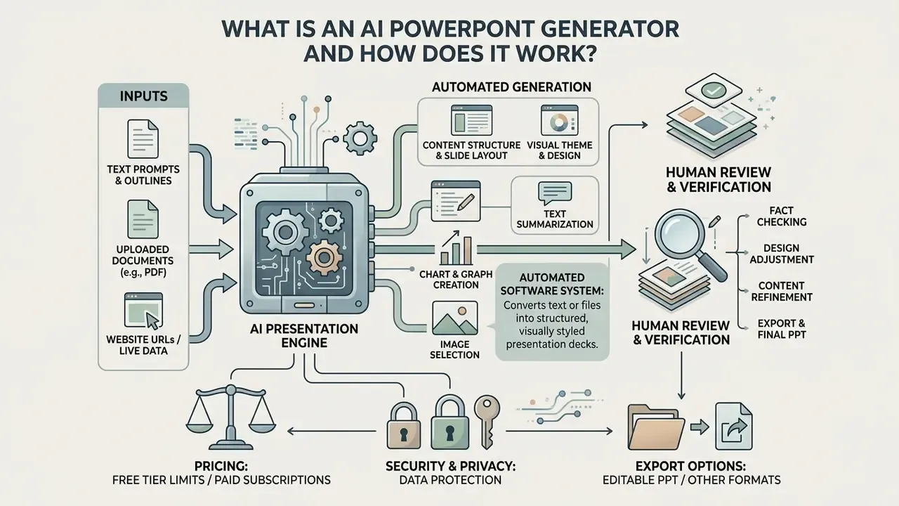 Infographic showing how an AI PowerPoint generator processes inputs into structured presentation decks