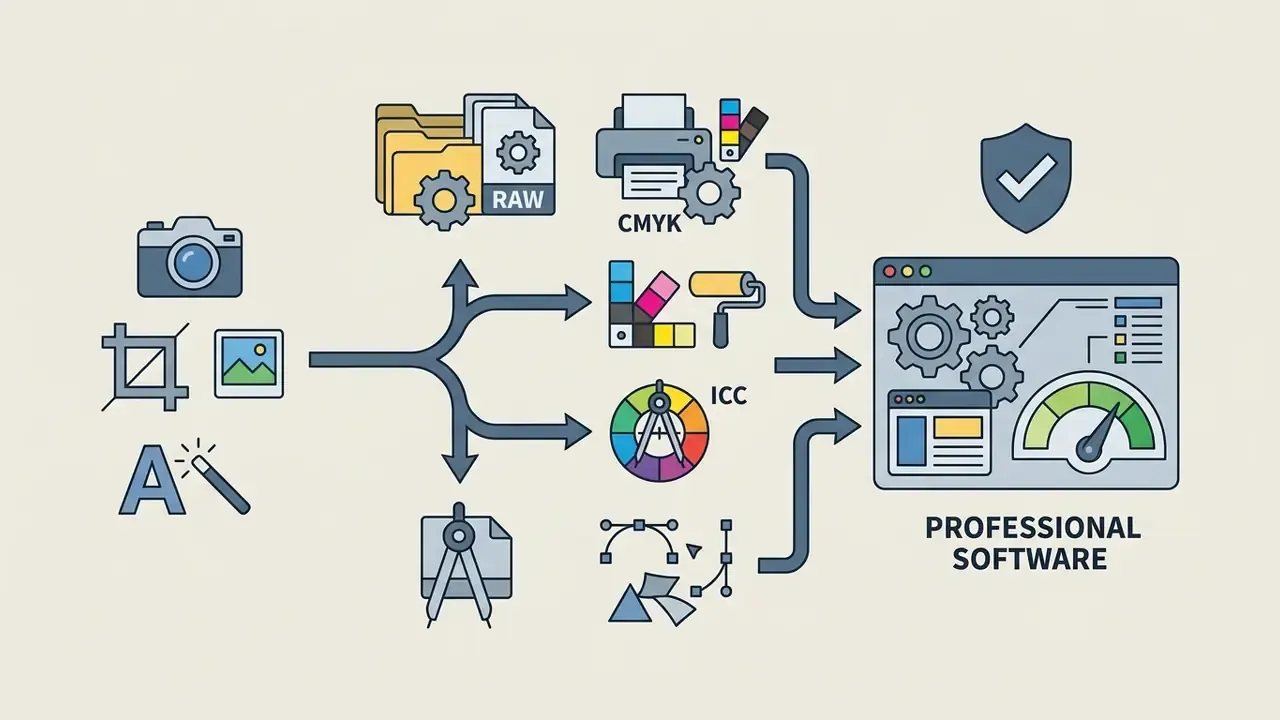 Diagram showing complex editing tasks like RAW and CMYK processing leading to professional software