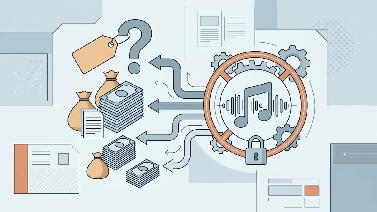 Locked music icon with gears directing costs toward money bags and price tags for AI video pricing