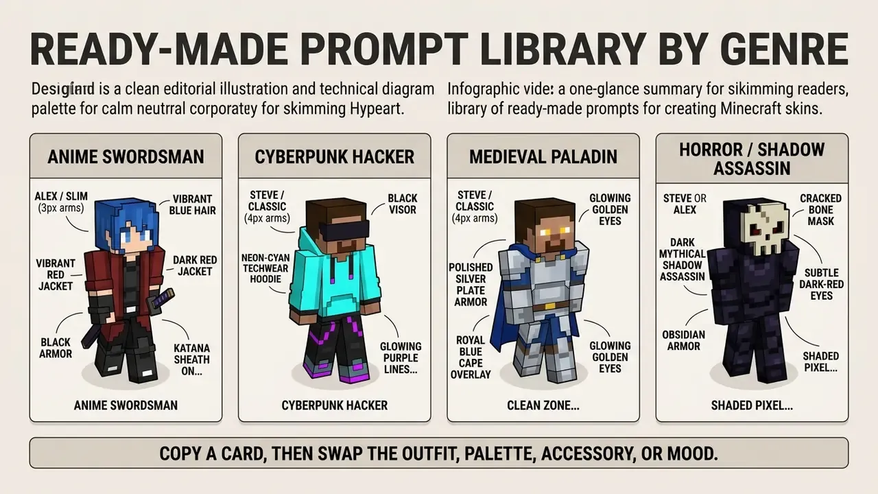Four labeled character cards showing Minecraft skin designs for an anime swordsman, hacker, and knight