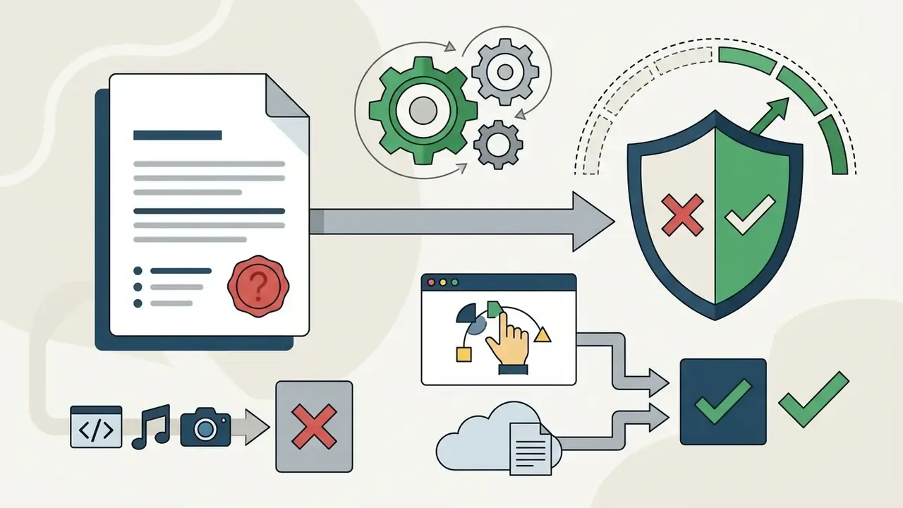 Legal document and media assets flowing into a compliance shield and verification process