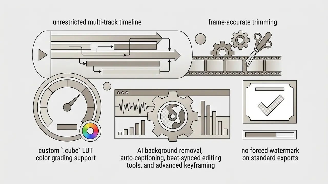 Icons representing multi-track timelines, frame trimming, color grading, AI tools, and watermark-free exports