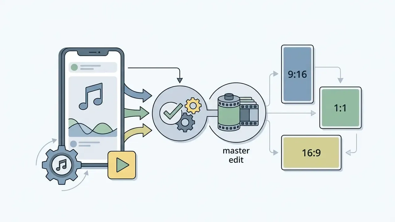 Smartphone app processing audio and video into a master edit for resizing to 9:16, 1:1, and 16:9 formats