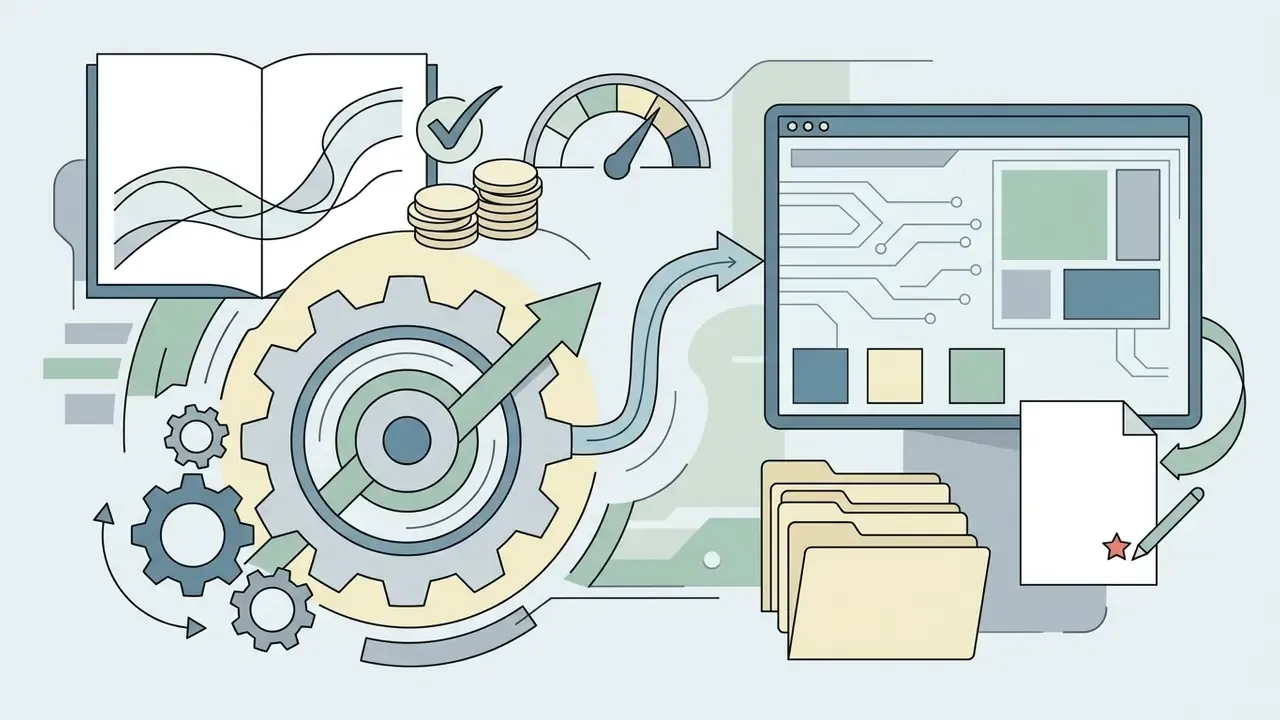 Gears processing financial data and charts into a digital interface for Runway AI video generation billing