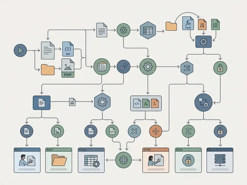 Complex flowchart mapping document inputs, processing nodes, and final output destinations for text extraction