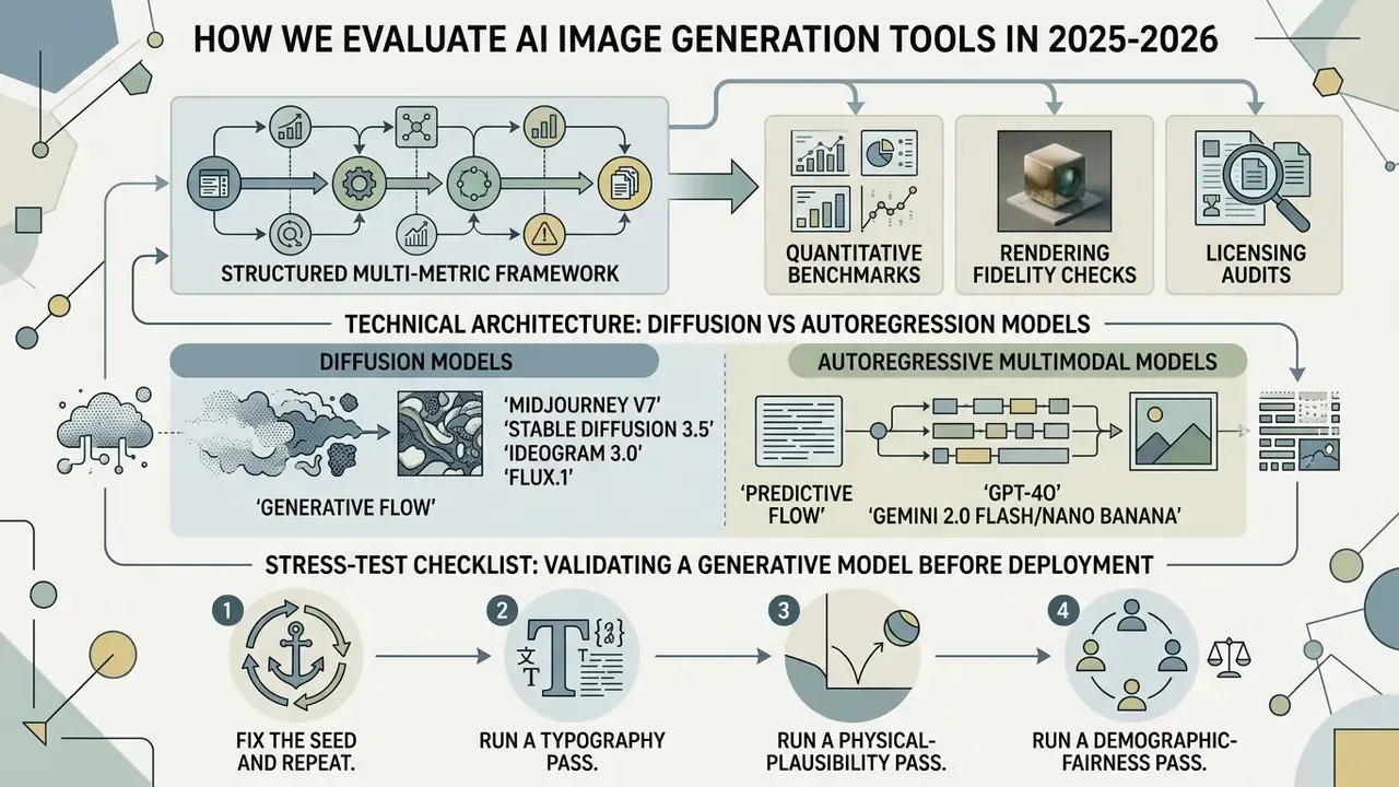 Infographic showing a multi-metric framework for evaluating AI image generation models and stress-tests