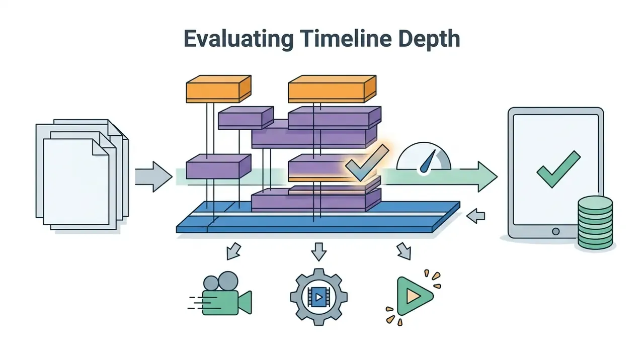 Stacked blocks representing video layers moving toward a tablet with icons for editing and processing