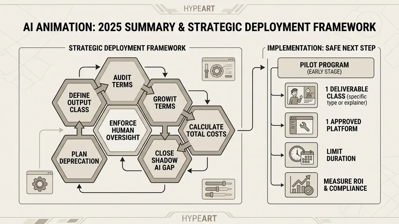 Hexagonal process map for AI animation deployment leading to a structured pilot program implementation