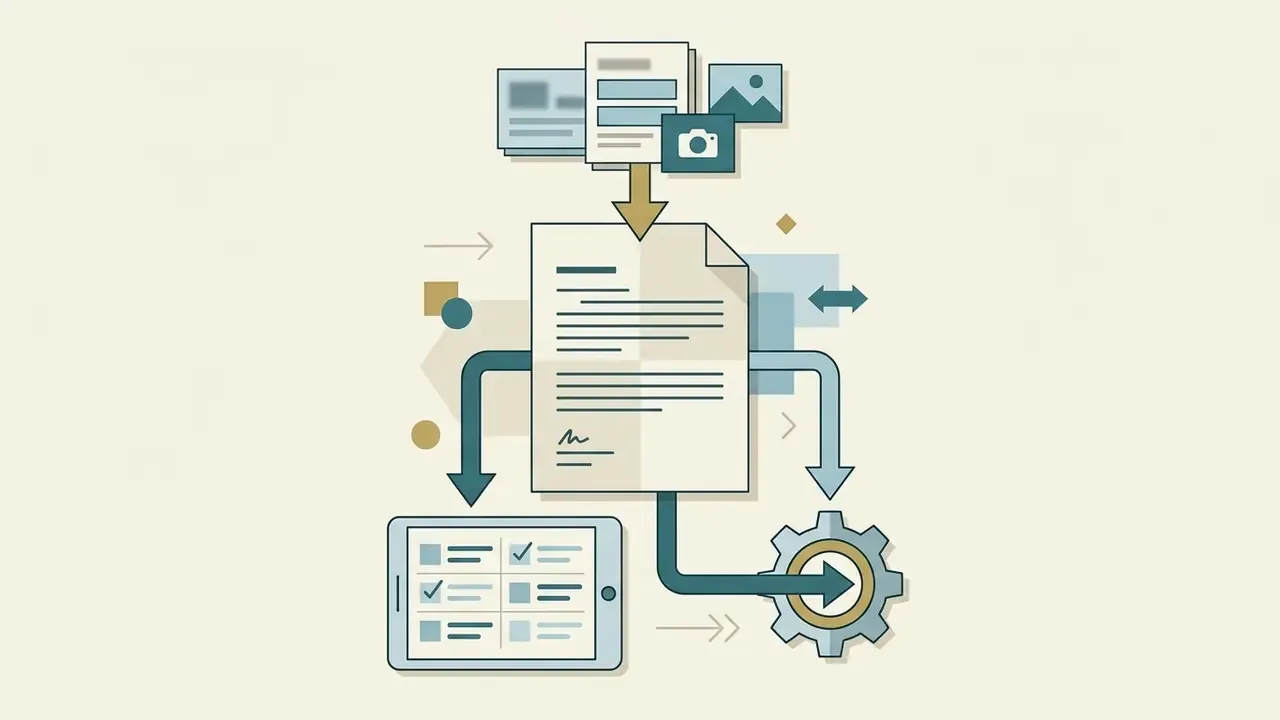 Documents and images funneling into a central page that feeds into a tablet interface and a gear mechanism