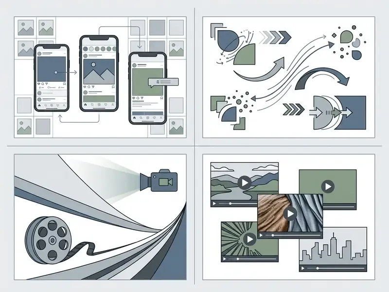Grid of four panels illustrating mobile interfaces, graphic motion, cinematic film, and video templates
