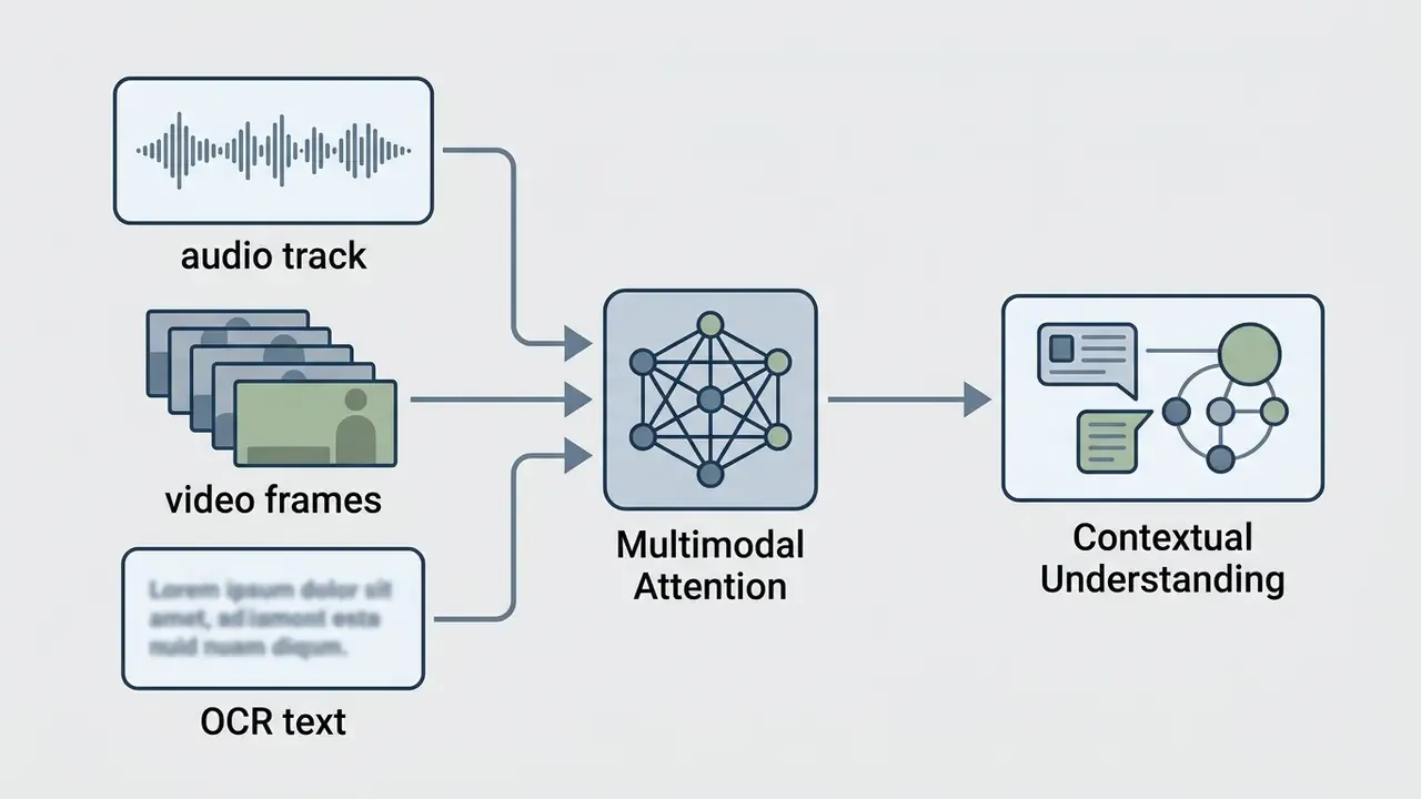 Audio, video, and text inputs converging into a multimodal attention module for contextual understanding