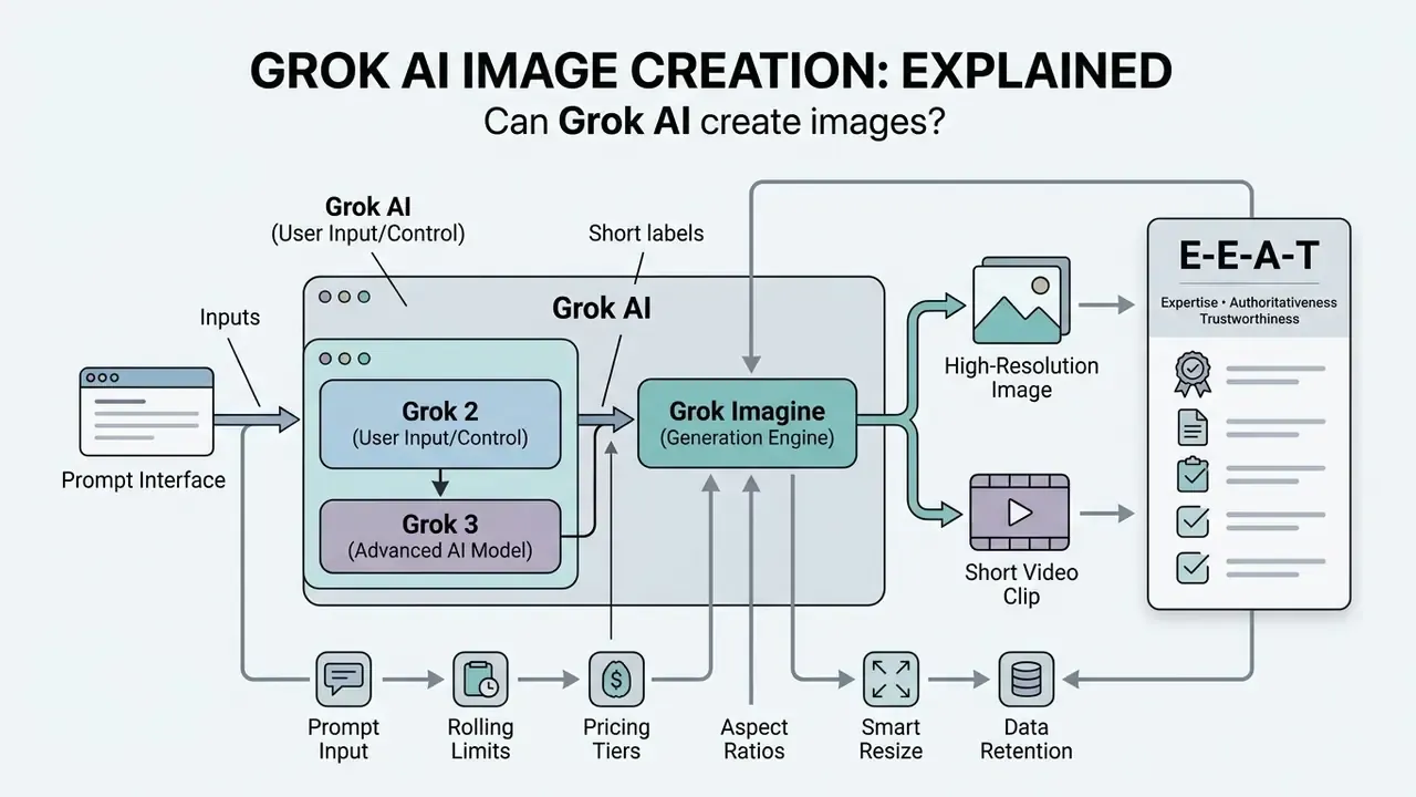 Flowchart showing how Grok AI processes user prompts through Grok Imagine to generate images and video clips