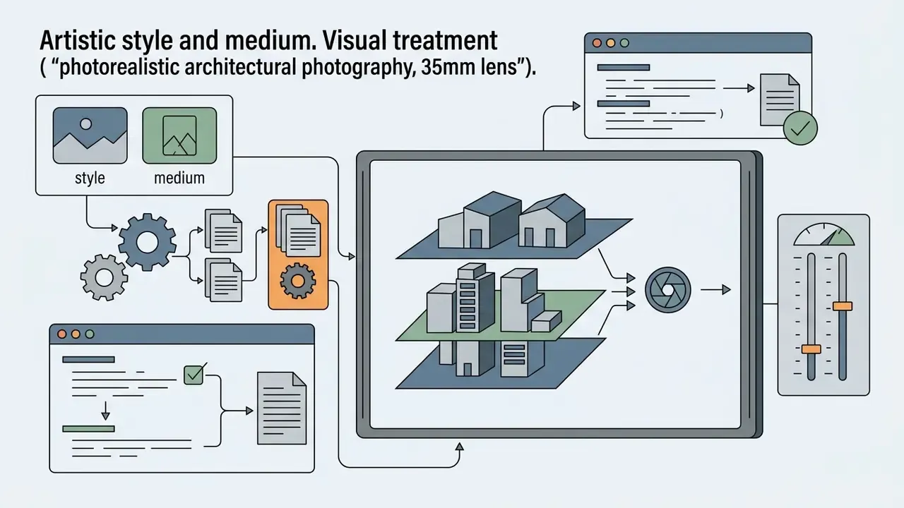 System of gears and software windows processing style and medium prompts into architectural images