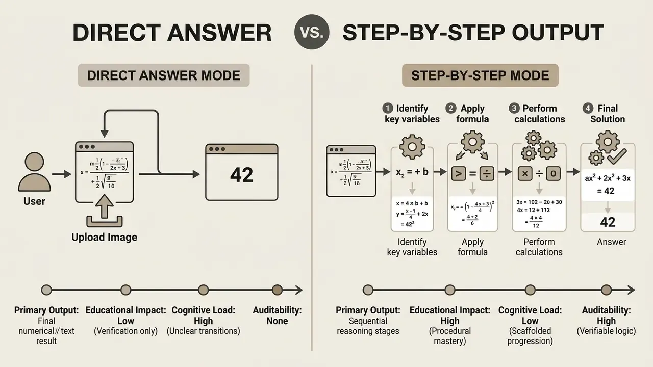 Comparison chart contrasting direct AI homework helper answers with sequential step-by-step reasoning processes