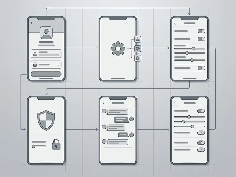 Diagram showing the navigation path through mobile app settings and character configuration screens