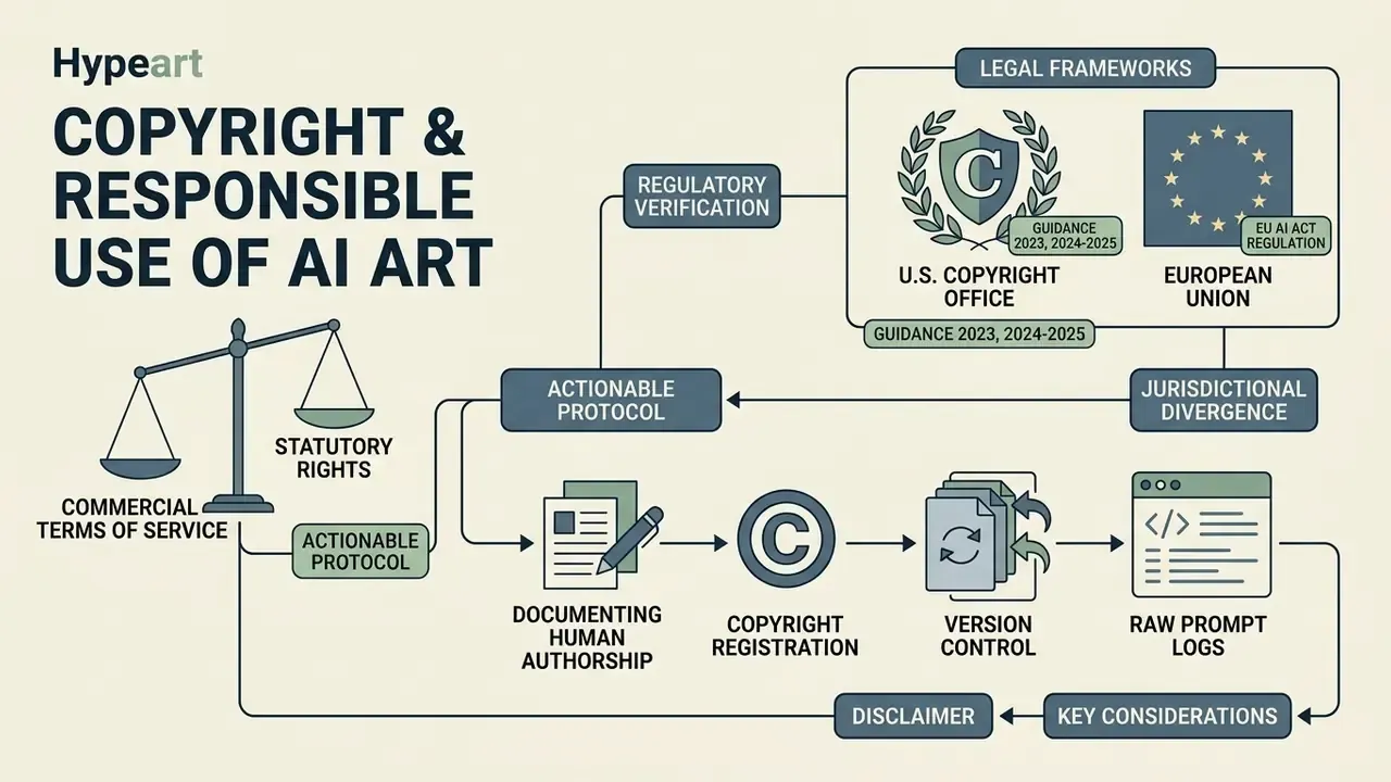 Flowchart mapping legal frameworks and actionable protocols for copyright and responsible use of AI art