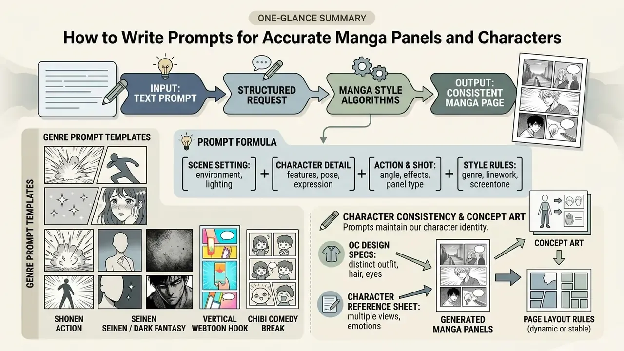 Infographic detailing prompt formulas and templates for generating consistent manga characters and panels