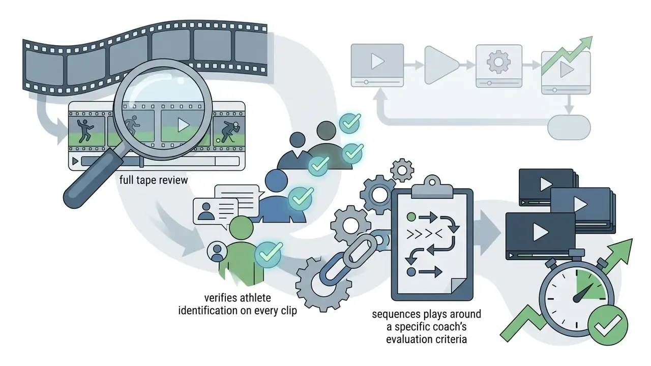 Magnifying glass examining film strips leading to human editors and a clipboard for manual video sequencing