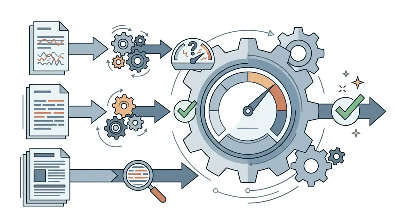 Documents moving through gears and a magnifying glass into a central gauge to produce a verified result
