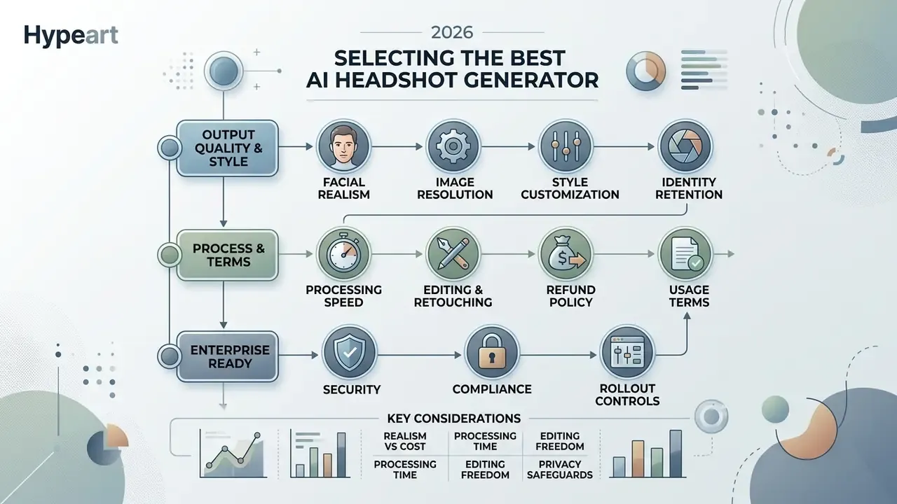 Flowchart showing criteria for selecting an AI headshot generator including quality, process, and security