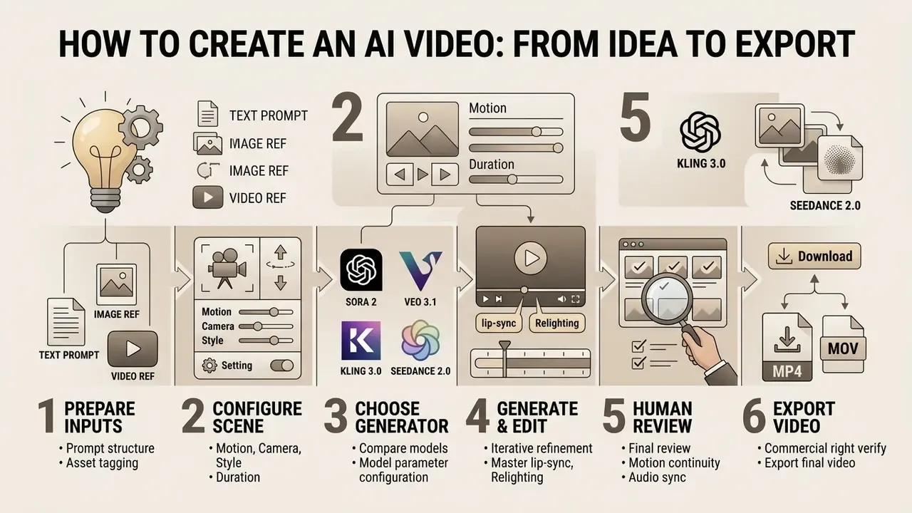 Six step sequence showing the production process from initial prompt inputs to final video file export