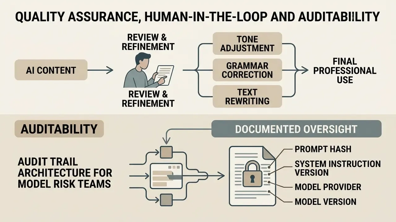 Flowchart illustrating human review steps and audit trail documentation for AI writing generator content