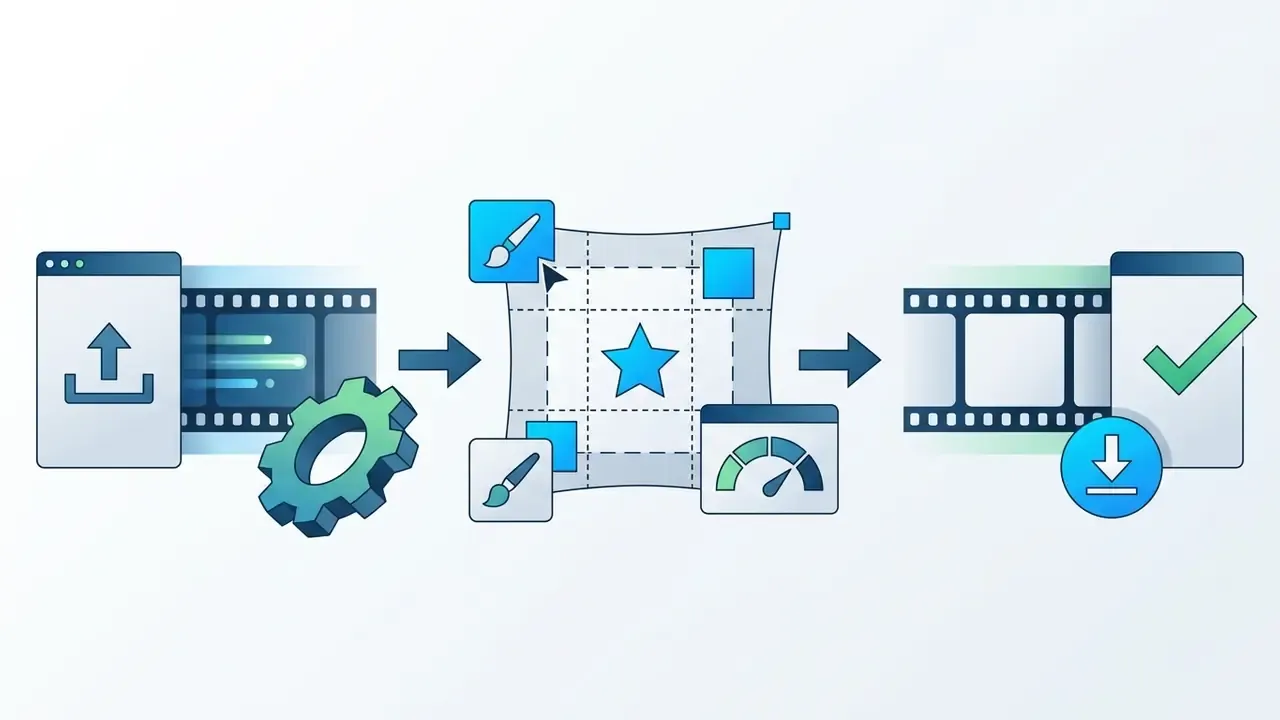 Three steps showing video upload, manual area selection with brushes, and final cleaned file download