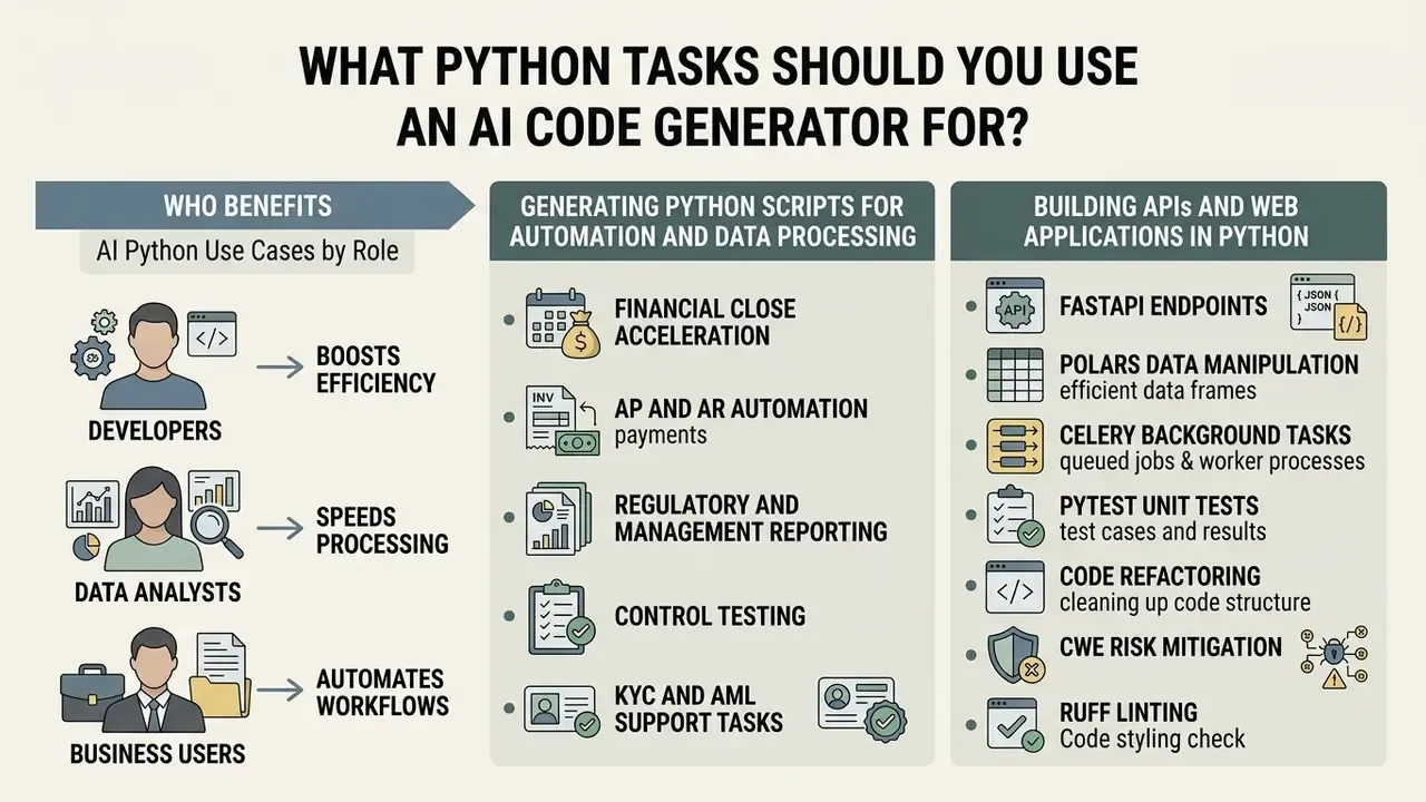 Infographic detailing roles, automation scripts, and web application tasks for Python development