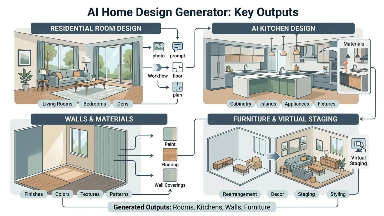 Diagram detailing output categories for interior spaces including kitchens, wall finishes, and staging
