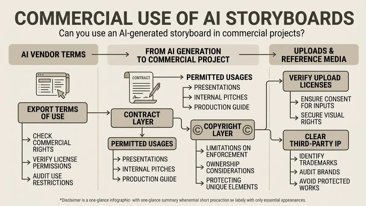 Flowchart outlining legal considerations for commercial use of AI visuals including contracts and copyright