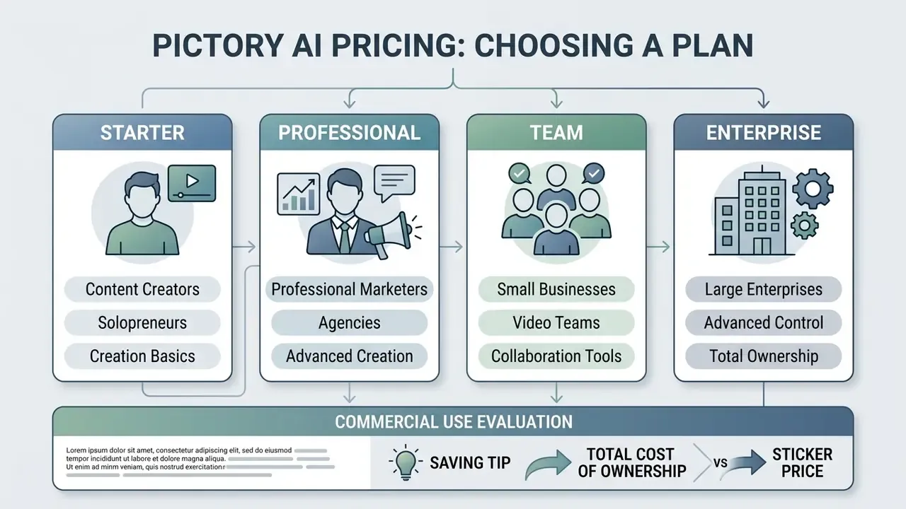 Infographic comparing Pictory AI subscription tiers for creators, marketers, teams, and enterprises