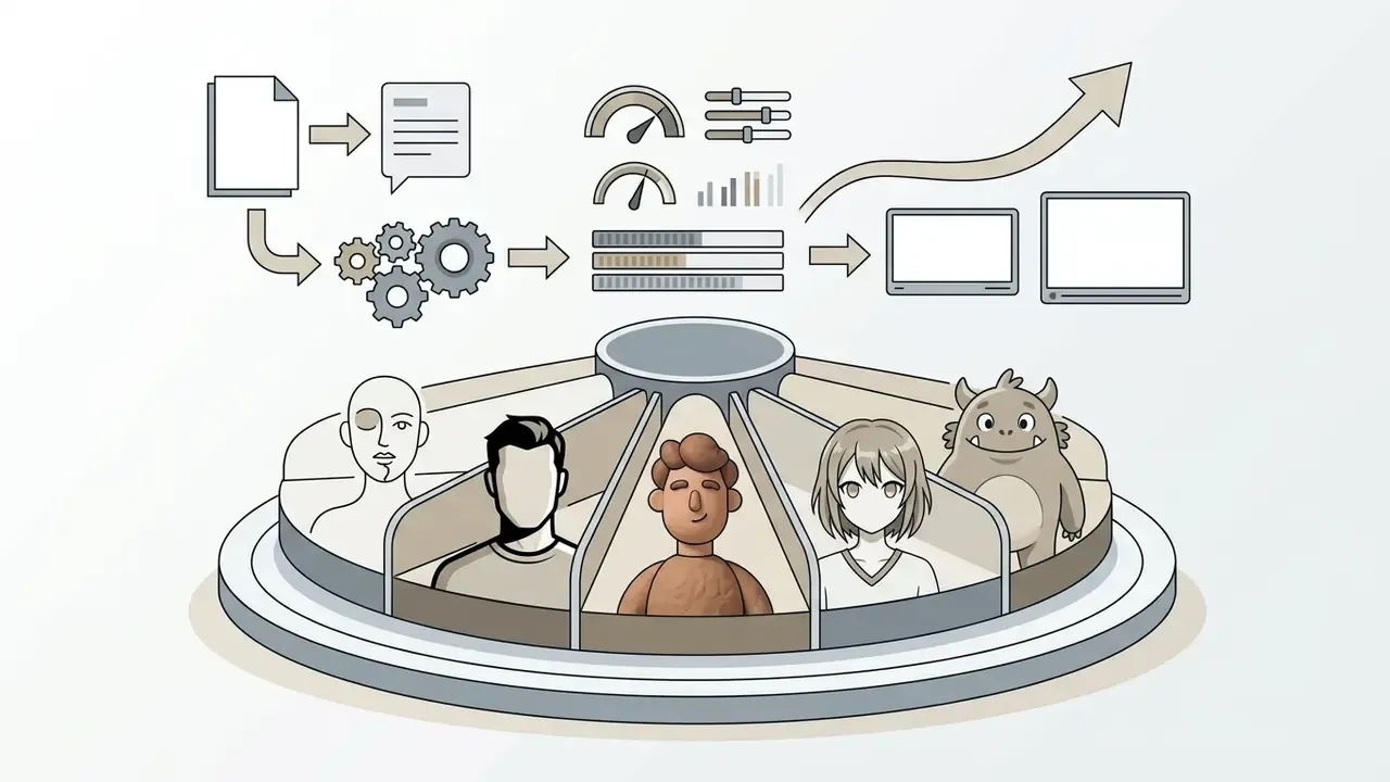 Circular selector displaying diverse character styles including anime, 3D claymation, and cartoon figures