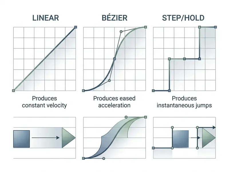 Comparison of linear, Bézier, and step or hold keyframe interpolation curves and their motion effects